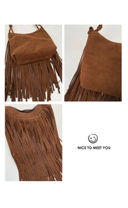 Detailed views of brown suede crossbody bag with long fringes and zipper closure
