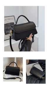 Gros plan du sac bandoulière en cuir noir avec détails dorés et logo embossé