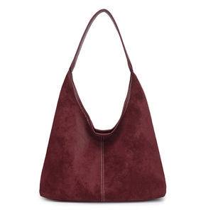 Bolso hobo grande de ante burdeos con costuras verticales blancas en contraste de moda