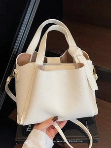 Borsa a Secchiello in Pelle PU a Trama Litchi da Donna Minimalista Urbana Tinta Unita Con Manico Annodato e Tracolla Regolabile