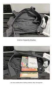 Spacious interior of dark grey canvas tote bag showing storage for iPad and A4 magazines