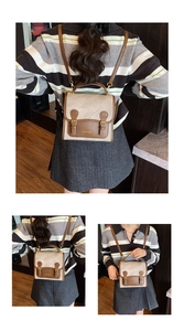 Three-way view of a beige canvas and brown leather backpack with adjustable metal buckles