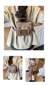 Detailed views of vintage two-tone backpack showing hand-held and shoulder carry styles
