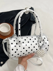 Sac à Main Cylindrique en Cuir PU à Pois Femmes Rétro Boston Bag Avec Charme Künstliche Perle Cœur Dentelle Sac Bandoulière