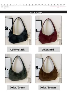 Hobo bag colors in suede: black, burgundy, dark green, and brown with size scale