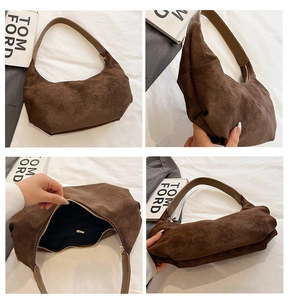 Detailed views of dark brown matte shoulder bag showing wide strap and interior storage