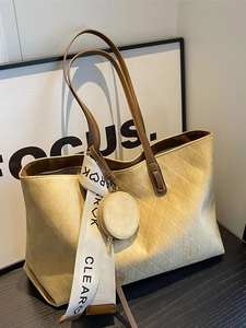 Quilted faux suede tote bag in light brown with printed scarf and mini coin purse
