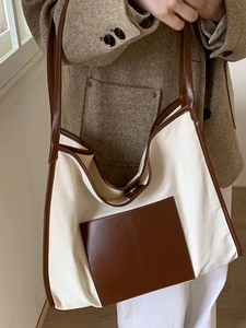 Women Large Capacity Canvas Tote Bag Contrast Color Splicing Minimalist Casual Shoulder Bag Shopping Handbag Commuter Bag