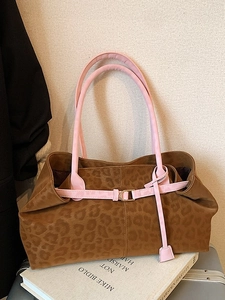 Large leopard print tote bag with pink leather handles and gold metal D-ring buckle
