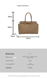 Detailed size chart showing dimensions for khaki polyester tote bag with metal buckle detail