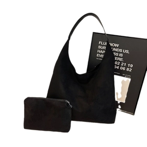 Minimalist black faux suede large tote bag set with matching zipper pouch for women