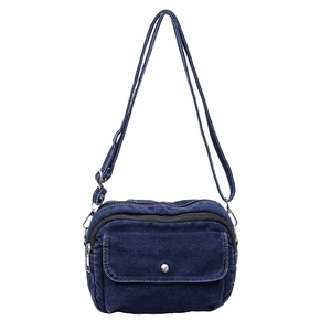 Minimalist navy denim crossbody square bag with front pocket and adjustable strap