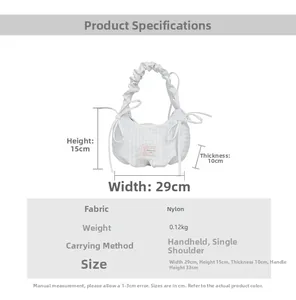 Size chart showing 29x15x10cm dimensions for white checkered nylon pleated shoulder bag