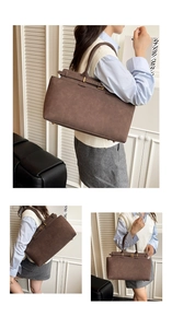 Detailed views of a large dark brown tote bag with metal hardware and matte leather texture