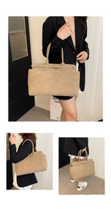 Detailed views of a beige large tote bag featuring wraparound buckle straps and dual handles