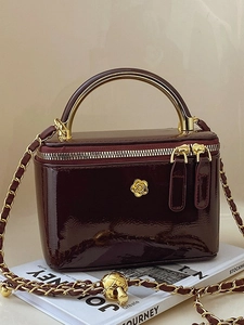 Trendy Glossy PU Leather Mini Vanity Bag For Women Retro Camellia Design Box Shoulder Bag With Metal Handle Chain Strap