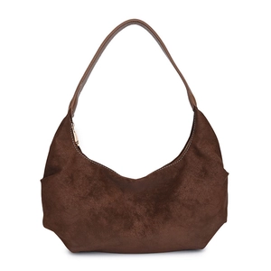 Minimalist dark brown suede hobo shoulder bag with leather strap and half-moon shape