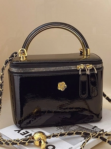 Elegant black patent leather mini square handbag with camellia logo and chain strap