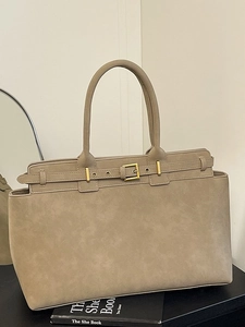 Large khaki faux suede tote bag with decorative gold buckle strap for office commuting