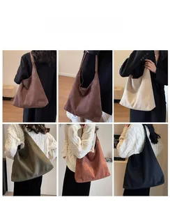 Collage of chic large capacity suede shoulder bags in deep brown, white, and green