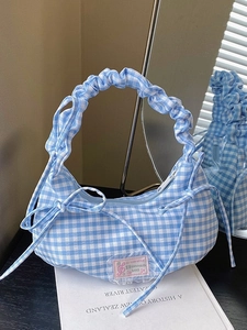 Blue and white plaid pleated hobo bag with cloud-style handle and bow detail