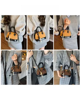 Quilted mini shell bag shown in multiple crossbody and handbag styling views on model