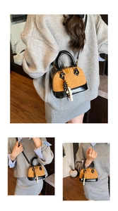 Detail shots of brown quilted suede shell bag with beaded charm and black patent handles