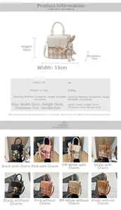 Detailed size guide and multi-color view of quilted mini square bag with gold hardware