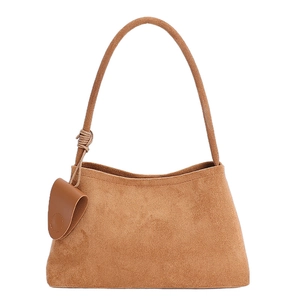 Minimalist brown faux suede shoulder bag with long strap and small hanging pouch