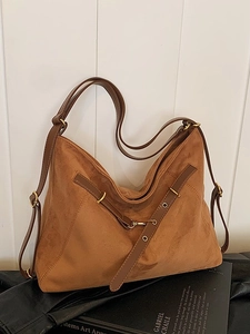 Retro brown suede tote bag with large capacity and elegant gold metal hardware accents