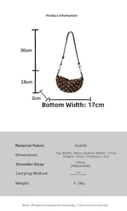 Size chart showing dimensions and adjustable strap for the studded faux suede crossbody bag