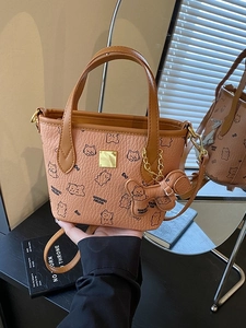 Damen Fashion PU Leder Mini Tote Eimer Tasche Süß Cartoon Bär Katze Druck Handtasche Schulter Umhängetasche Mit Anhänger Schmuck