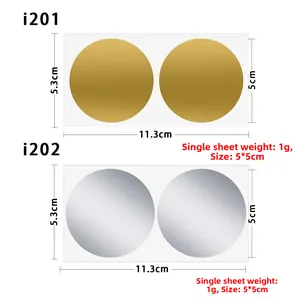 Detail view of 5cm round gold and silver scratch-off stickers with dimensions on clear film
