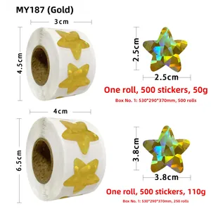 Detailed view of 500 holographic star reward stickers in 2.5cm and 3.8cm sizes
