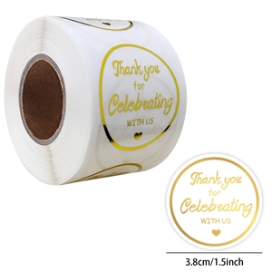 Detail view of 1.5 inch gold foil Thank You stickers showing 3.8cm diameter specifications