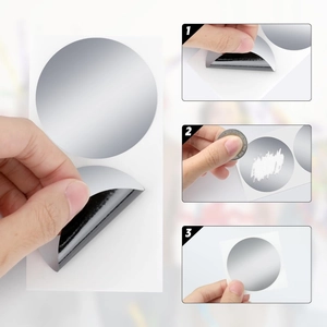 Three-step instruction guide showing how to peel and scratch silver round stickers