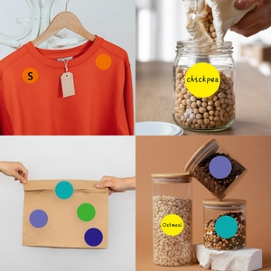 Detailed view of colorful round dot labels for kitchen jars and gift bag sealing