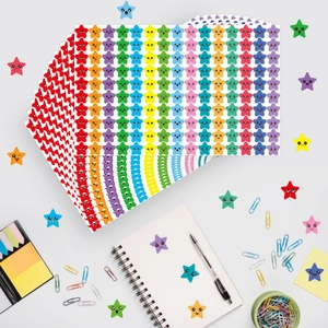 Colorful cartoon star reward stickers with various facial expressions for kids and DIY crafts