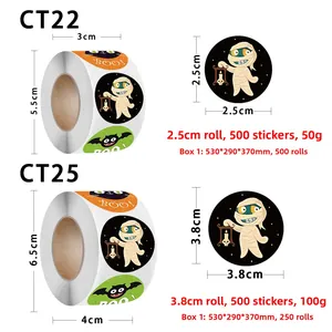 Tableau des tailles détaillé pour stickers Halloween Momie Boo en rouleaux de 2,5cm et 3,8cm