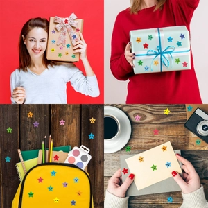 Colorful star-shaped cartoon face stickers used for gift wrapping and bag decoration