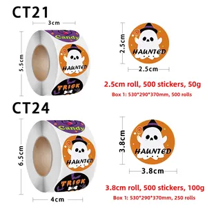 Size specifications for Halloween cartoon sticker rolls with 2.5cm and 3.8cm diameter labels