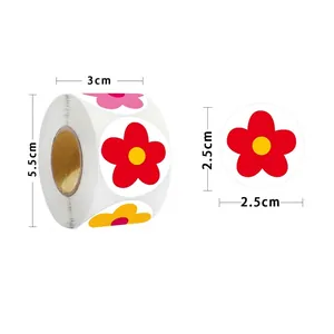 Roll of 500 red flower reward stickers for children, 2.5cm colorful adhesive labels
