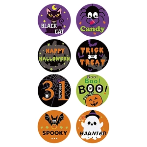 Roll of 500 Happy Halloween round stickers with 8 spooky designs for kids toys and decor
