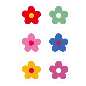 Roll of colorful floral reward stickers for kids featuring six vibrant flower designs