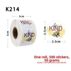 Detail showing dimensions of 2.5cm cartoon bee motivational stickers roll with 500 labels