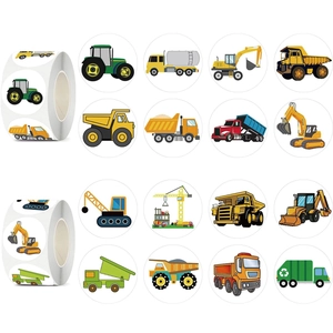 Cartoon Construction Vehicle Stickers Roll Kids Excavator Truck Theme Self Adhesive Round Labels For School Decoration