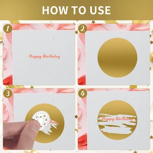 DIY Happy Birthday scratch-off card set with round gold stickers and tutorial
