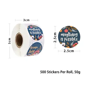 500pcs roll of 2.5cm round floral thank you stickers with inspirational phrases