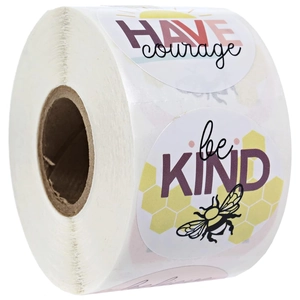 Roll of round decorative stickers with Bee Kind and Sun themes for gift packaging