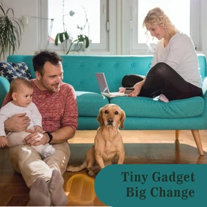 Family scene with 'Tiny Gadget Big Change' text highlighting smart lifestyle devices